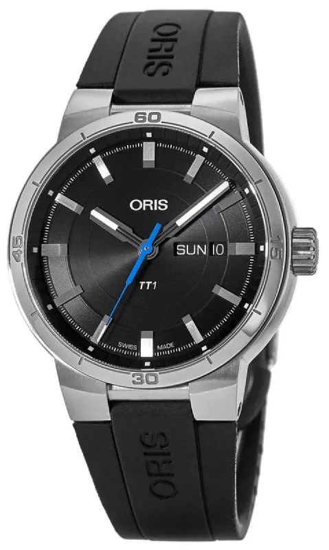 Oris TT1 Automatic Stainless Steel Black Rubber Strap Black Dial Day-Date Mens Watch 735 7752 4154-RS