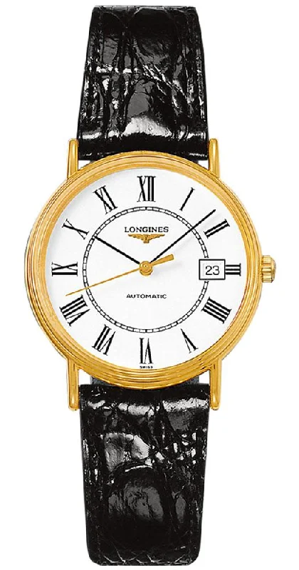 Longines Presence Automatic Yellow Gold PVD White Dial Black Leather Strap Date Mens Watch L4.821.2.11.2