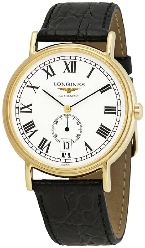 Longines Presence Automatic Yellow Gold PVD White Dial Black Leather Strap Date Mens Watch L4.805.2.11.2