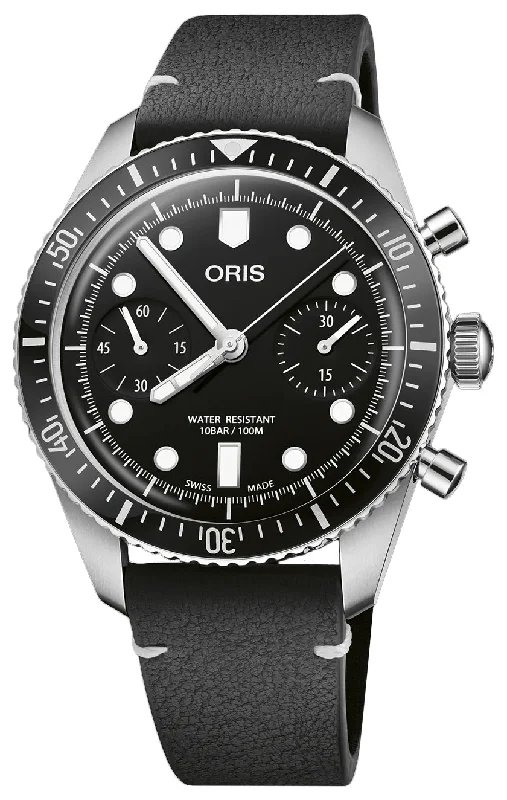 Oris Divers Sixty-Five Automatic Chronograph Stainless Steel Black Dial Black Leather Strap Mens Watch 771 7791 4054-LS