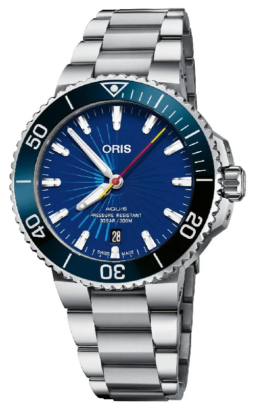 Limited Edition Oris Aquis Sun Wukong Automatic Stainless Steel Blue Dial Date Divers Mens Watch 733 7766 4185-Set