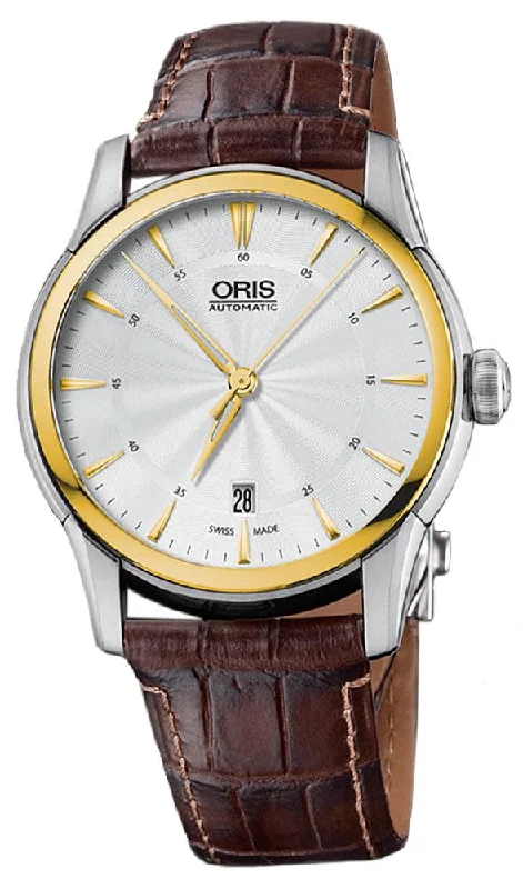 Oris Artelier Automatic Two-Tone Stainless Steel Case Brown Leather Strap Silver-Tone Dial Date Mens Watch 733 7670 4351-LS