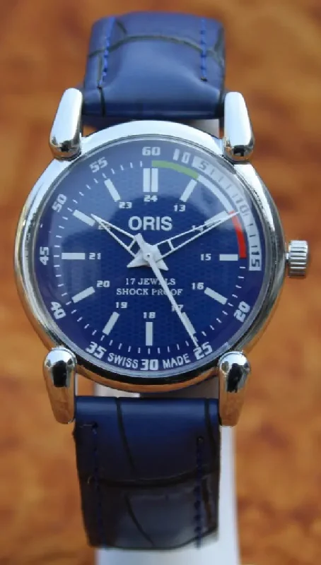 Blue Faux Leather Watch ORIS 17 Jewels FHF ST96 Mechanical Hand Winding Swiss Made