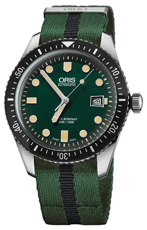 Oris Divers Sixty-Five Automatic Stainless Steel Green Dial Green/Black Textile Strap Date Mens Watch 733 7720 4057-07 5 21 25FC