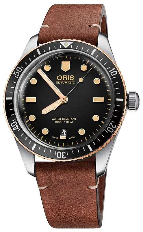 Oris Divers Sixty-Five Automatic Stainless Steel Brown Leather Strap Black Dial Date Mens Watch 733 7707 4354-07 5 20 45