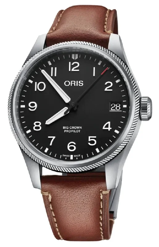 Oris Big Crown ProPilot Automatic Stainless Steel Black Dial Brown Leather Strap Date Mens Watch 751 7761 4164-07 6 20 07LC