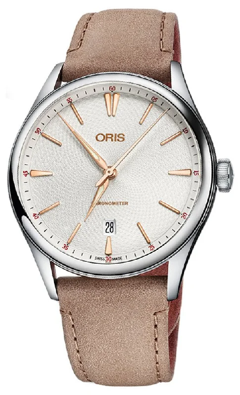 Oris Artelier Chronometer Automatic Stainless Steel Beige Leather Strap Silver Dial Date Mens Watch 737 7721 4031-07 5 21 32FC