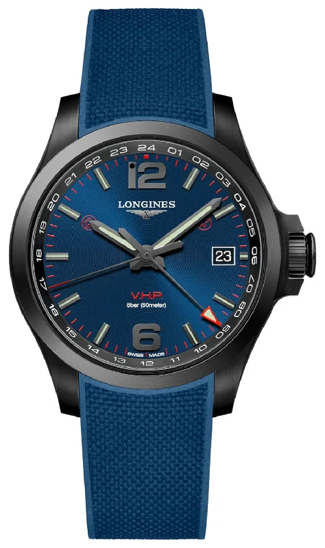 Longines Conquest V.H.P. GMT Black PVD Blue Rubber Strap Blue Dial Perpetual Calendar Date Quartz Mens Watch L3.718.2.96.9