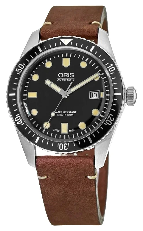 Oris Divers Sixty-Five Automatic Stainless Steel Black Dial Brown Leather Strap Date Mens Watch 733 7720 4054-07 5 21 45