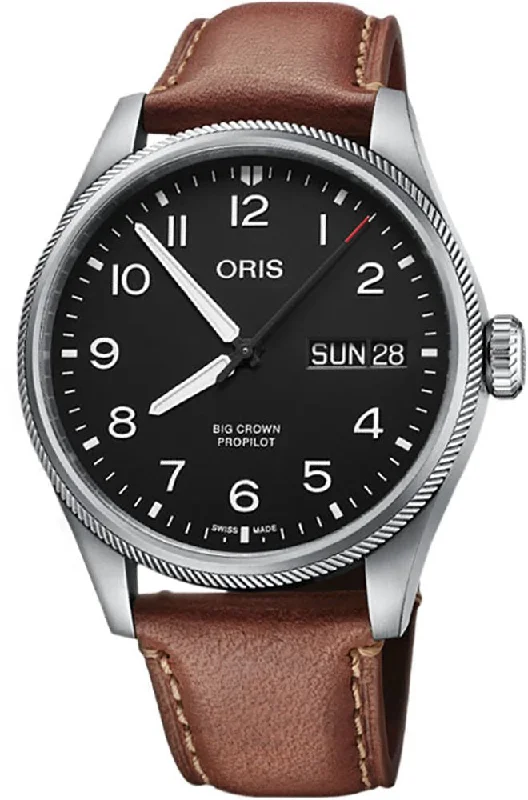 Oris Big Crown ProPilot Automatic Stainless Steel Black Dial Brown Leather Strap Day/Date Mens Watch 752 7760 4164-07 5 22 07LC