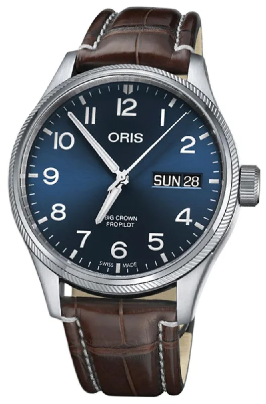 Oris Big Crown ProPilot Automatic Stainless Steel Brown Leather Strap Blue Dial Day-Date Mens Watch 752 7698 4065-LS