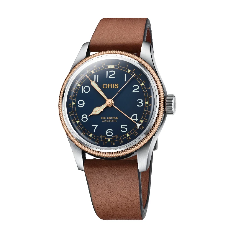 Oris Big Crown Pointer Date Blue Dial Watch with Bronze Top Ring and Leather Strap