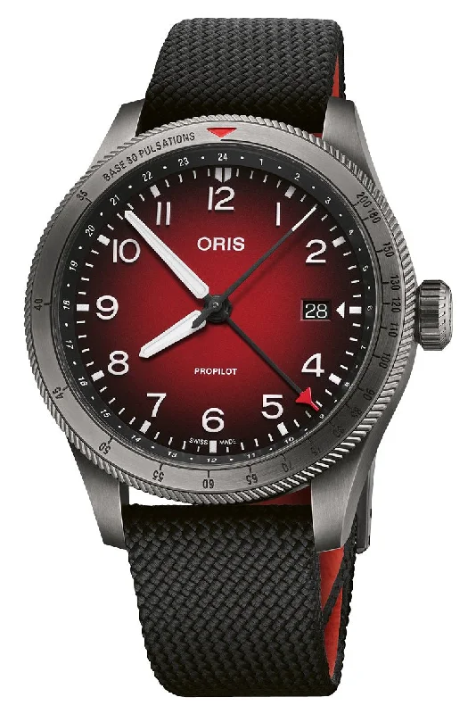 Oris ProPilot GMT Automatic Gray PVD Red Dial Black Textile Strap Date Mens Watch 798 7773 4268-07 3 20 14GLC