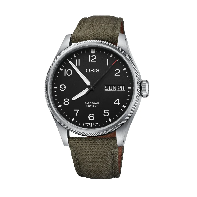 Oris Big Crown ProPilot Big Day Date Black Dial Watch with Olive Strap