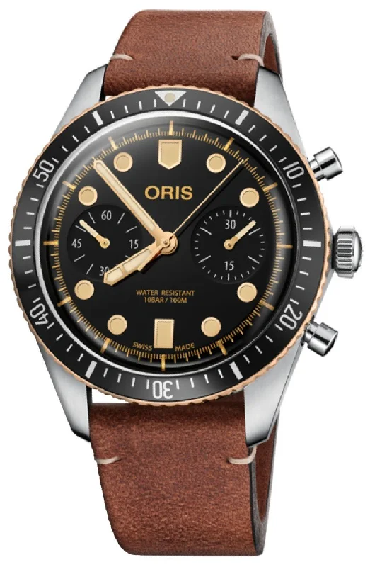 Oris Divers Sixty-Five Automatic Chronograph Stainless Steel Brown Leather Strap Black Dial Mens Watch 771 7744 4354-LS