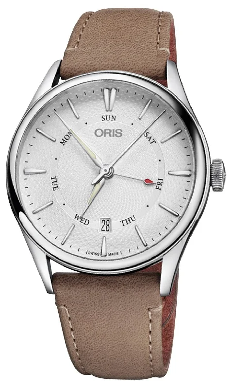 Oris Artelier Pointer Day Date Automatic Stainless Steel Silver Dial Brown Leather Strap Mens Watch 755 7742 4051-07 5 21 32FC