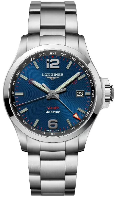 Longines Conquest V.H.P. GMT Stainless Steel Blue Dial Perpetual Calendar Date Quartz Mens Watch L3.728.4.96.6