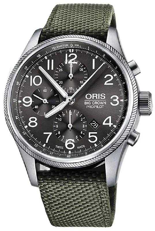 Oris Big Crown ProPilot Automatic Chronograph Green Textile Strap Grey Dial Date Mens Watch 774 7699 4063-FS-Green