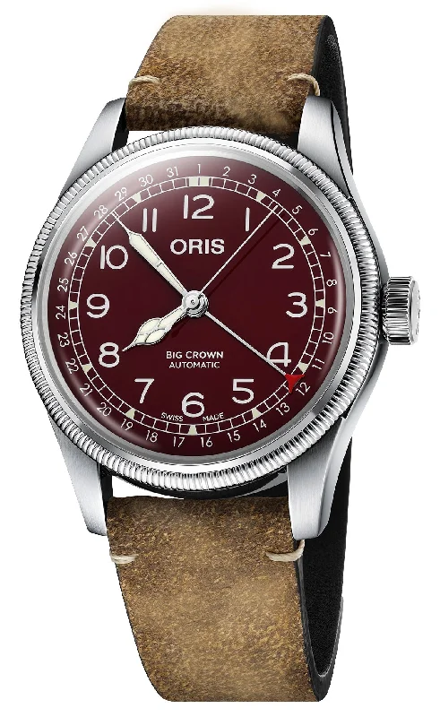 Oris Big Crown Pointer Date Automatic Stainless Steel Burgundy Dial Brown Leather Strap Mens Watch 754 7741 4068-07 5 20 50