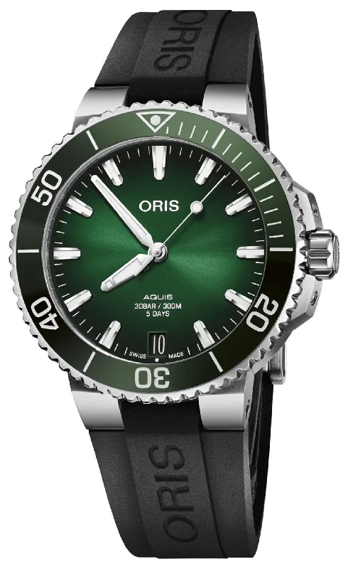 Oris Aquis Automatic Stainless Steel Green Dial Black Rubber Strap Date Divers Mens Watch 400 7769 4157-07 4 22 74FC