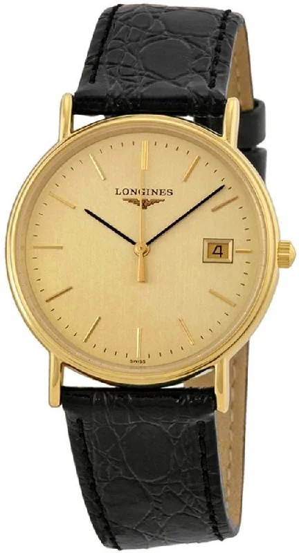 Longines Presence Unisex Gold PVD Case Black Leather Strap Watch L47202322