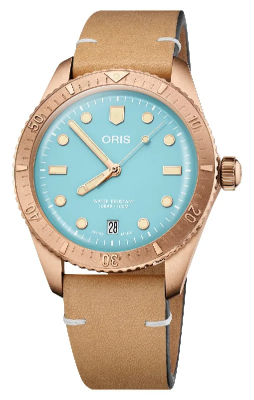 Oris Divers Sixty-Five Cotton Candy Automatic Bronze Blue Dial Brown Leather Strap Date Unisex Watch 733 7771 3155-07 5 19 04BR