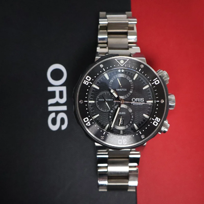 Oris ProDiver Chronograph Automatic Titanium Interchangeable Black Rubber Strap Black Dial Date Divers Mens Watch 774 7683 7154-Set