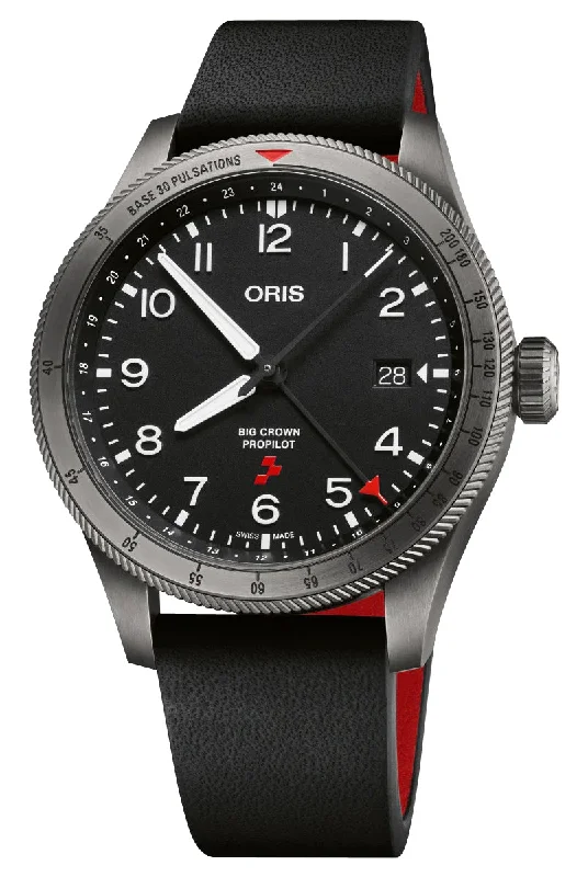 Limited Edition Oris Big Crown ProPilot GMT Rega Fleet Automatic Gray PVD Black Dial Black Leather Strap Interchangeable Red Rubber Strap Date Mens Watch 798 7773 4284 HB-ZQN-Set