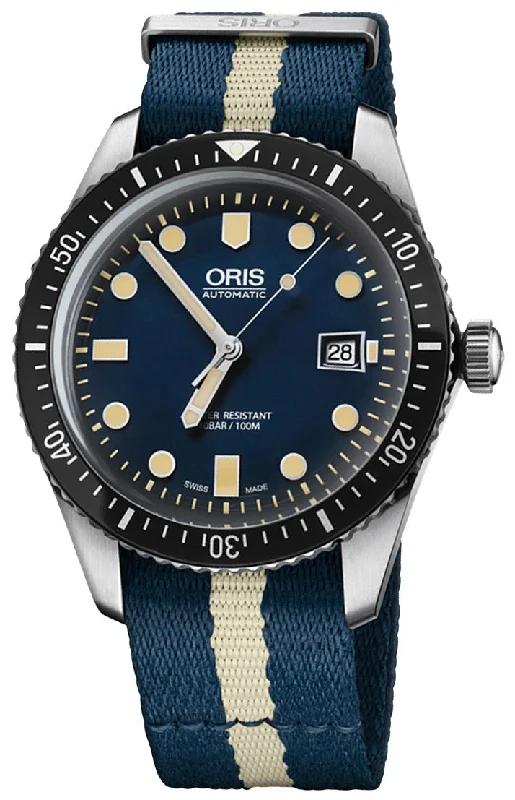 Oris Divers Sixty-Five Automatic Stainless Steel Blue Dial Blue/Beige Textile Strap Date Mens Watch 733 7720 4055-07 5 21 29FC