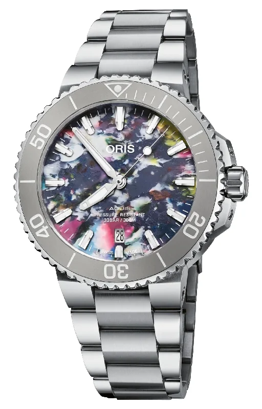 Oris Aquis Date Upcycle Automatic Stainless Steel Multicolored Dial Divers Mens Watch 733 7766 4150-Set