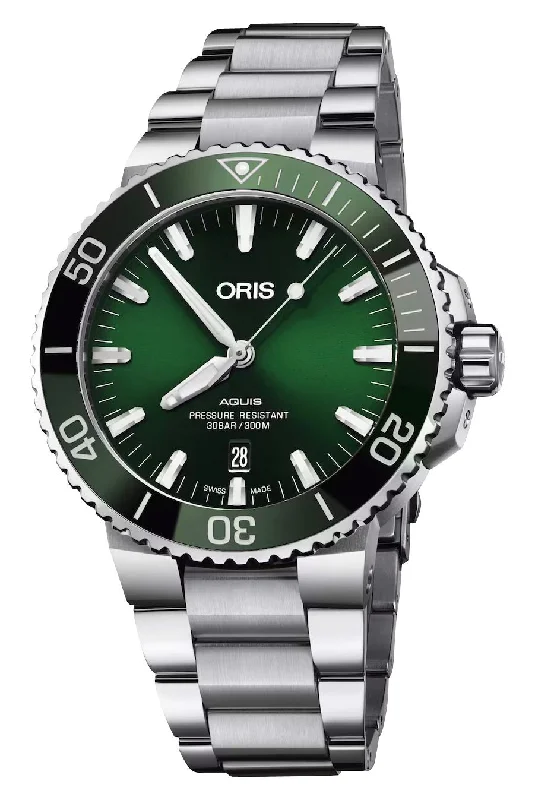 Oris Aquis Automatic Stainless Steel Green Dial Date Divers Mens Watch 733 7730 4157-MB